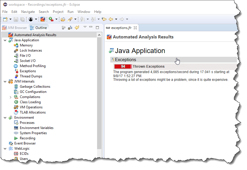 eclipse jmc jfr automated analysis exceptions